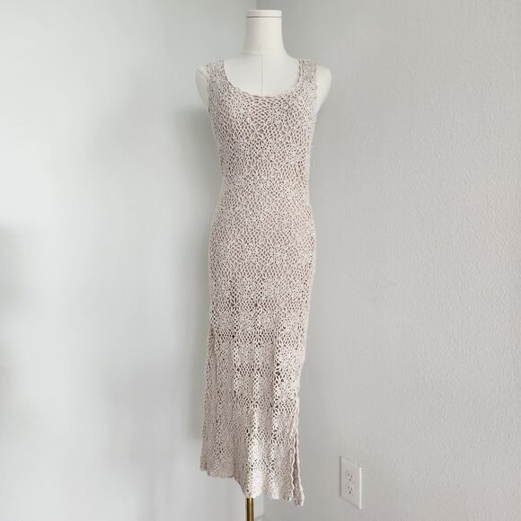 Vintage Y2K Newport News Crochet Knit Ivory Maxi Dress Lined Ramie Cotton XS - Picture 10 of 10